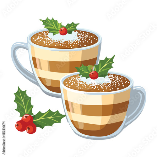 Two charming cups of frothy hot cocoa or latte, garnished with holly and a sprinkle of cinnamon, perfect for a cozy holiday drink - Vector Illustration