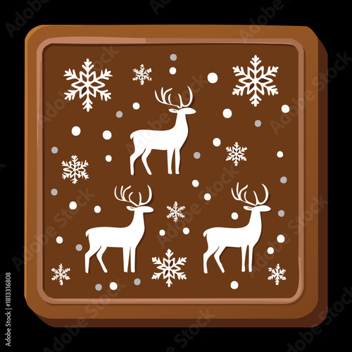 Rich chocolate bar decorated with a pattern of white reindeer and snowflakes, presented on a dark background for elegant Christmas gifting - Vector Illustration
