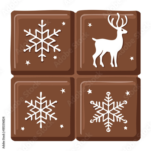 Four dark chocolate squares with white festive patterns featuring snowflakes and a stylized reindeer, arranged as a holiday confectionery block - Vector Illustration
