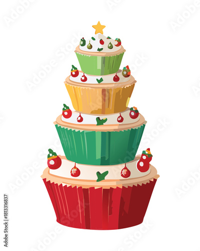 Layered Christmas tiered cake of stacked cupcakes, adorned with red and green elements and a golden star on top, a festive centerpiece - Vector Illustration