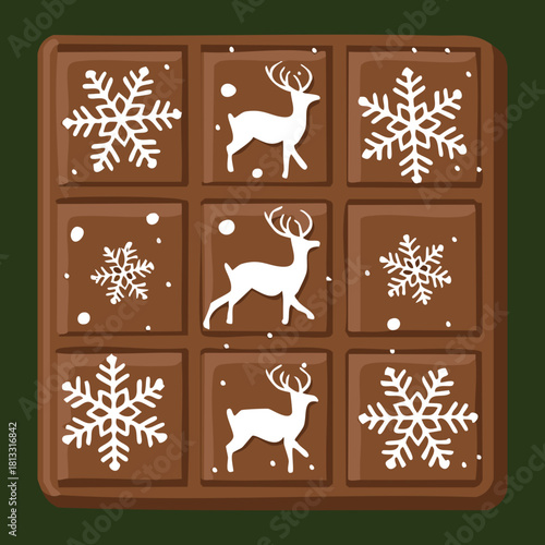 Dark chocolate squares adorned with intricate white snowflake and reindeer patterns, presented as a classic Christmas confectionery gift - Vector Illustration