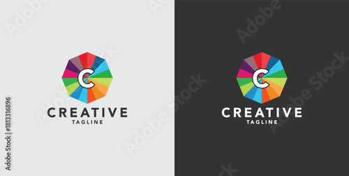 Digital colorful abstract icons, elements and symbols with initial C logo, template