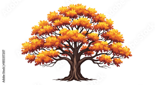 A beautiful illustration of a large mighty oak tree with a thick trunk and a full canopy of golden orange autumn leaves.