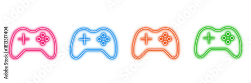 Neon glowing game controller vector icons set, gaming, video game, play, console, esports, vibrant colorful digital outline design on transparent background.
