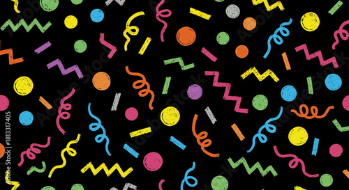 Colorful party background with confetti streamers and zigzags on black for celebrations and events