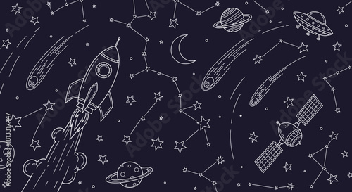 Space themed background with rocket planets stars constellations and ufo vector illustration design