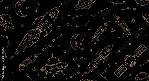 Seamless space pattern with rockets planets stars and constellations for kids design 100 characters