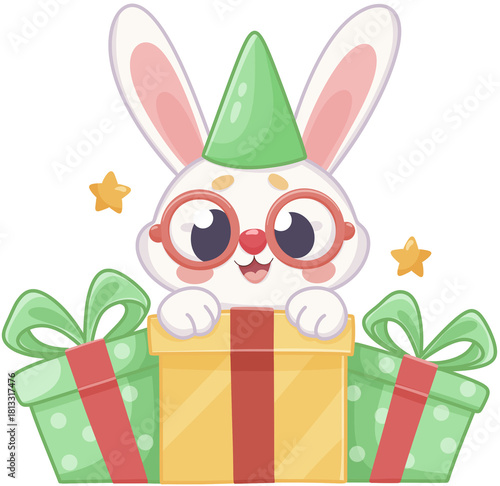 Cute Bunny with Presents in Festive Cartoon Style