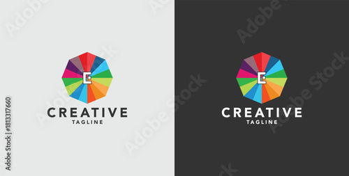 Digital colorful abstract icons, elements and symbols with initial E logo, template
