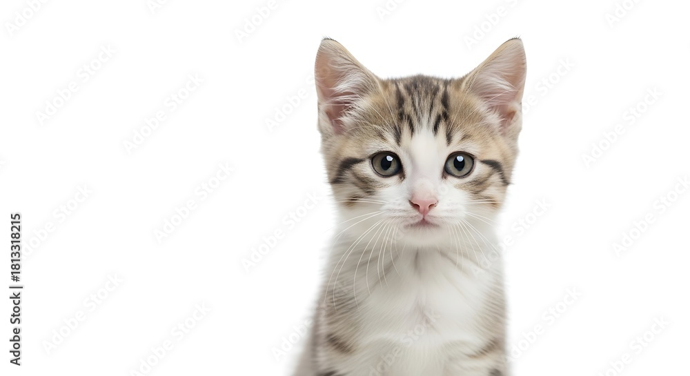 Obraz premium Adorable kitten portrait with soft lighting on a light background, detailed fur, bright eyes, high-quality cute pet photography