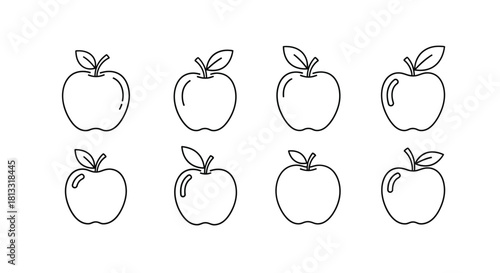 Eight apples with leaves isolated on white background in doodle style