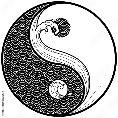 Harmonious yin yang symbol with ocean waves, balance and peace in zen black and white