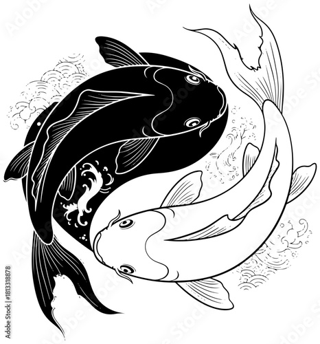 Elegant yin yang koi fish design for tattoo art, symbolizing balance and harmony