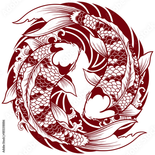 Dynamic koi fish illustration in a circle representing harmony and good fortune design
