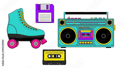 80s Retro Tech and Leisure: Roller Skate, Boombox, and Floppy Disk