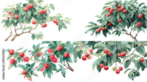A detailed botanical illustration of fruit tree branches with lush green leaves and ripe red fruits, showing natural growth and garden agriculture in a soft watercolor style.