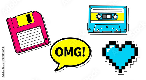 Retro Tech Stickers: Floppy Disk, Cassette, Pixel Heart, OMG Speech Bubble