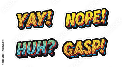 Comic Book Style Exclamations: Yay, Nope, Huh, Gasp