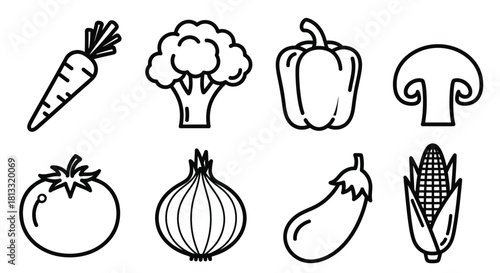 Collection of vegetables isolated on white background in line art style