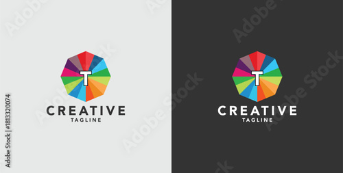 Digital colorful abstract icons, elements and symbols with initial T logo, template