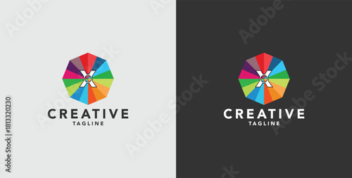 Digital colorful abstract icons, elements and symbols with initial X logo, template