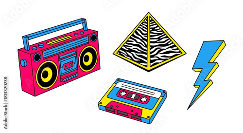 Retro 80s Pop Art Graphic Set: Boombox, Cassette, Pyramid, Lightning Bolt