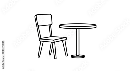 Minimalist line drawing of a wooden chair and a round cafe table, simple furniture illustration.