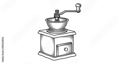 A detailed illustration of a vintage manual coffee grinder with a crank handle and a drawer.