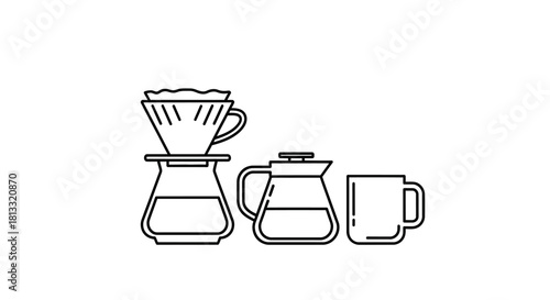 Line art illustration of pour-over coffee brewing equipment including a dripper, server, and mug, depicting the process of making fresh coffee.