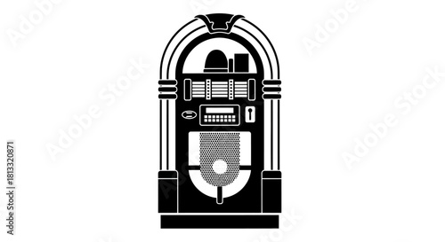 Black and white illustration of a vintage jukebox, a classic music entertainment device.