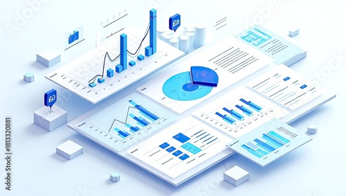 Displaying various charts and graphs on floating white surfaces, this image showcases financial data visualization, depicting business analytics and statistical diagrams in a clean, minimalist, and...