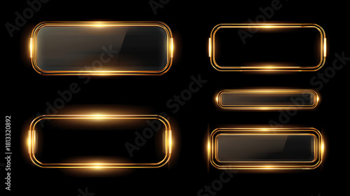 Gold glass button interface, light frame banner set, glass panel set for mobile and web app, tech board frame in futuristic style. Light banner collection with glow effect, vector illustration.
