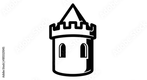 A simple black and white line art icon of a medieval castle tower with battlements and a pointed roof.