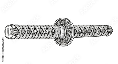 A detailed black and white illustration of the handle of a Japanese katana sword, showcasing intricate wrapping and a circular guard.