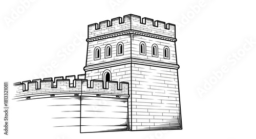 Detailed black and white line drawing of a section of the Great Wall of China with a prominent watchtower.