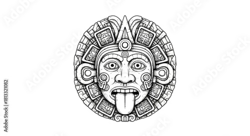Intricate black and white illustration of a Mayan deity with an open mouth and protruding tongue.