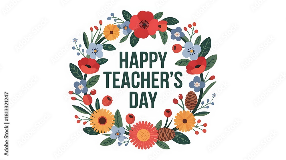 Fototapeta premium Happy Teacher's Day A Colorful Floral Wreath Celebration and Appreciation for Educators Worldwide
