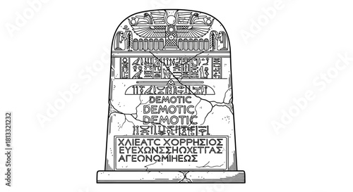 Illustration of the Rosetta Stone with Hieroglyphic, Demotic, and Greek inscriptions.