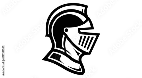 Black and white profile illustration of a medieval knight's helmet with a visor and crest, depicting strength and chivalry.