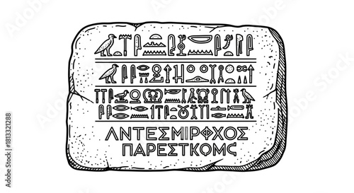 Ancient Egyptian stone tablet with hieroglyphic inscriptions and Greek text, historical artifact.