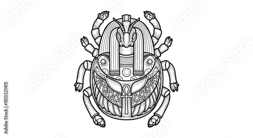 Detailed illustration of an Egyptian scarab beetle, showcasing intricate patterns and design elements.