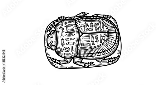 A stylized black and white line drawing of an ornate Egyptian scarab beetle.