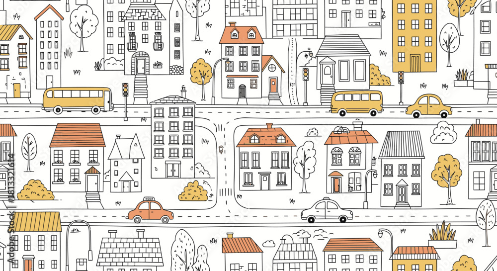 Obraz premium Cartoon city illustration with houses cars and buses seamless pattern background design vector art