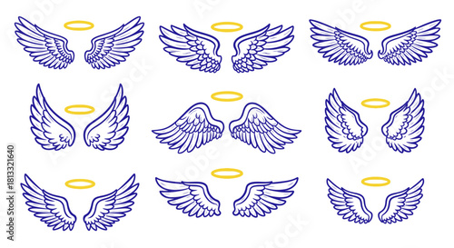 Angel wings vector illustration with halo heavenly wings clip art design set for graphic design use