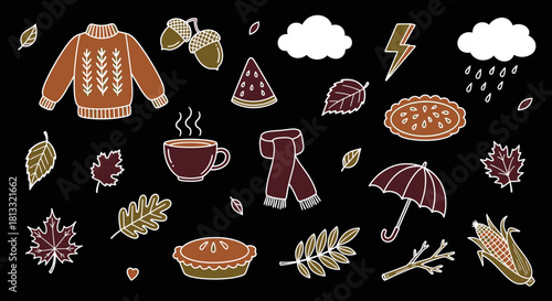 Cozy autumn season vector illustration with sweater leaves and fall harvest elements on black background