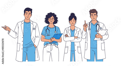 Medical team of doctors and nurses in white coats and scrubs cartoon illustration design vector art