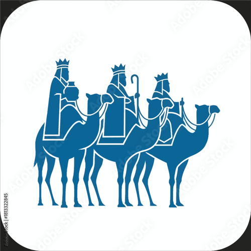Three Wise Men riding camels, depicted as blue silhouettes on a white background, representing the biblical Magi's journey.
