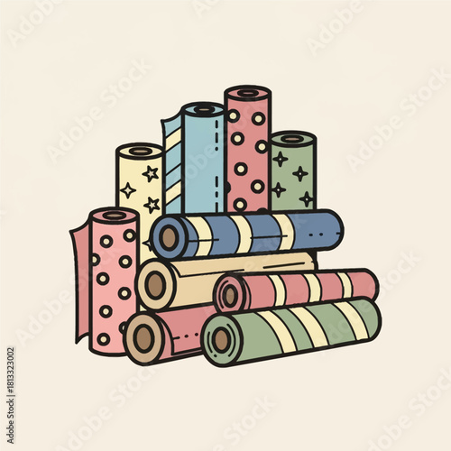 A colorful collection of patterned paper rolls stacked neatly, ready for crafts or gifts.