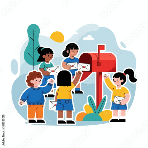 Diverse group of happy children mailing letters into a red postbox, symbolizing communication and community.