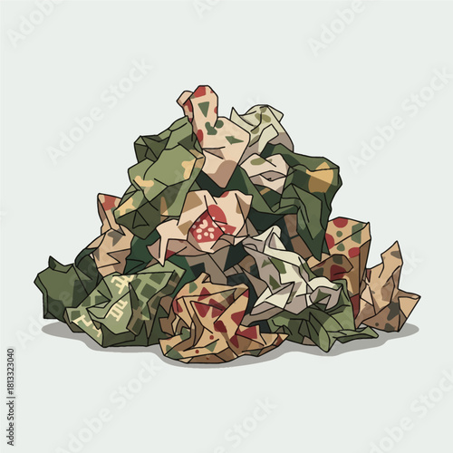A pile of crumpled, patterned paper in shades of green, brown, and red, resembling discarded wrapping.
